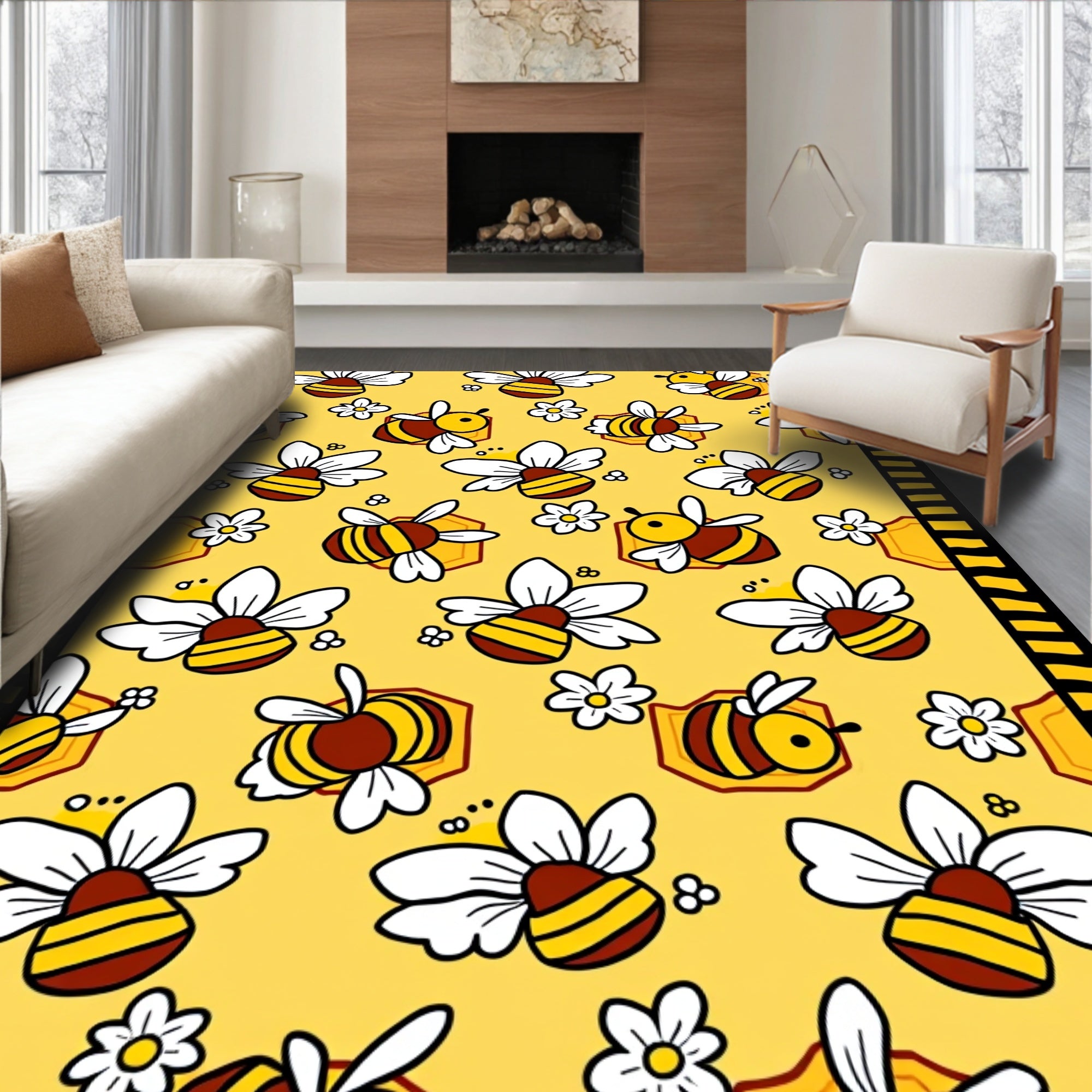 Cute Yellow Bee Flower Garden Rug