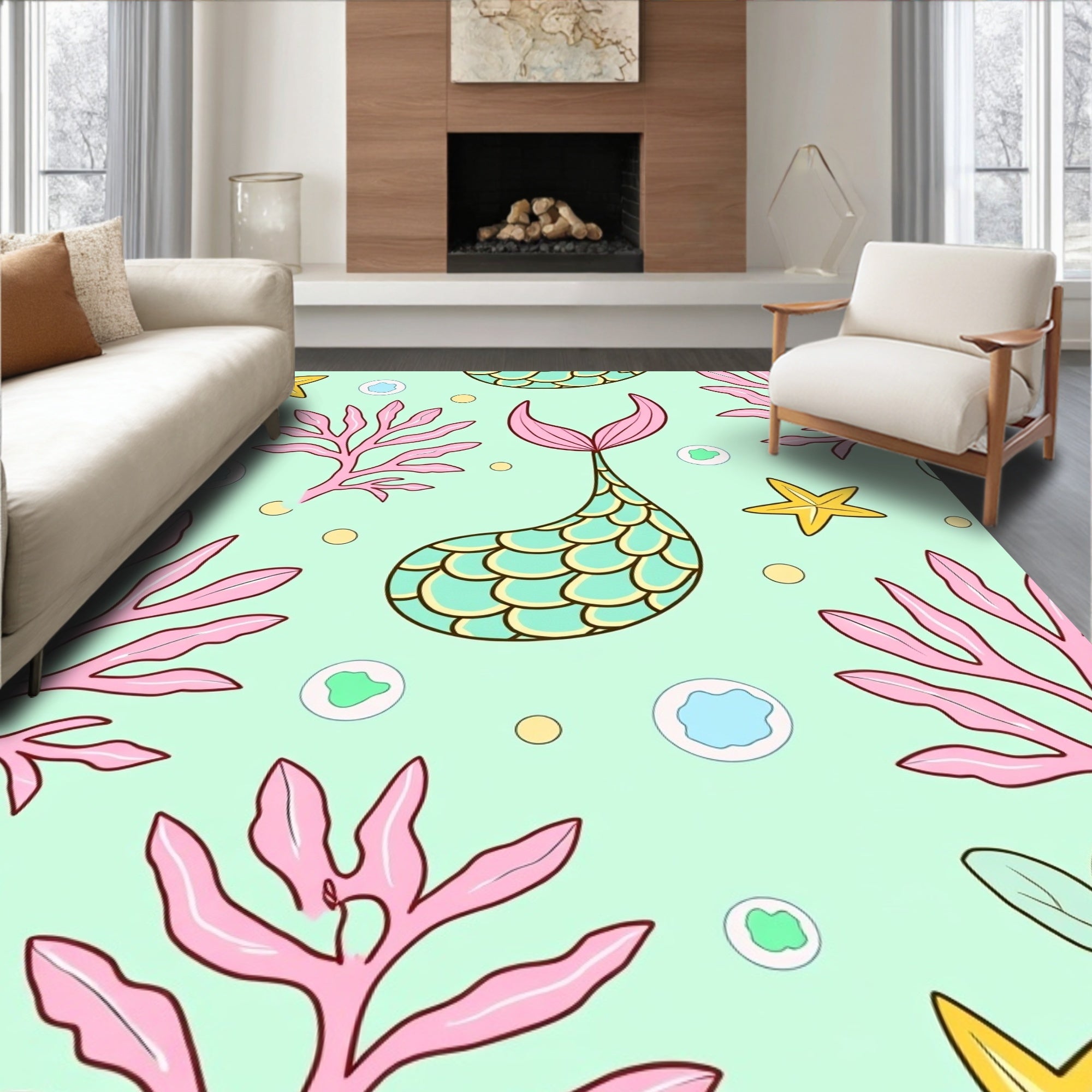 Aqua Teal Mermaid Tail Coral Stars Rug