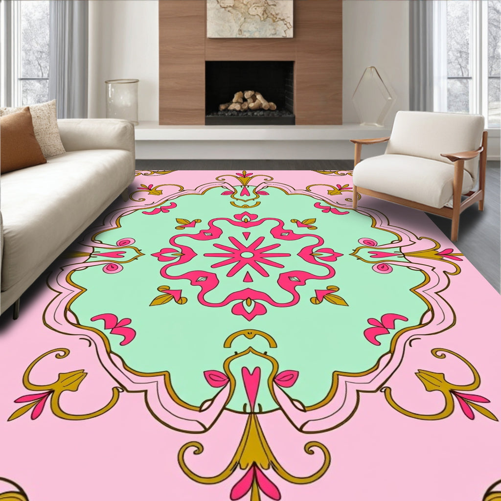 Pink Mint Gold Floral Medallion Rug