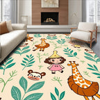 Cartoon Giraffes Monkeys Cute Girls Jungle Foliage Rug