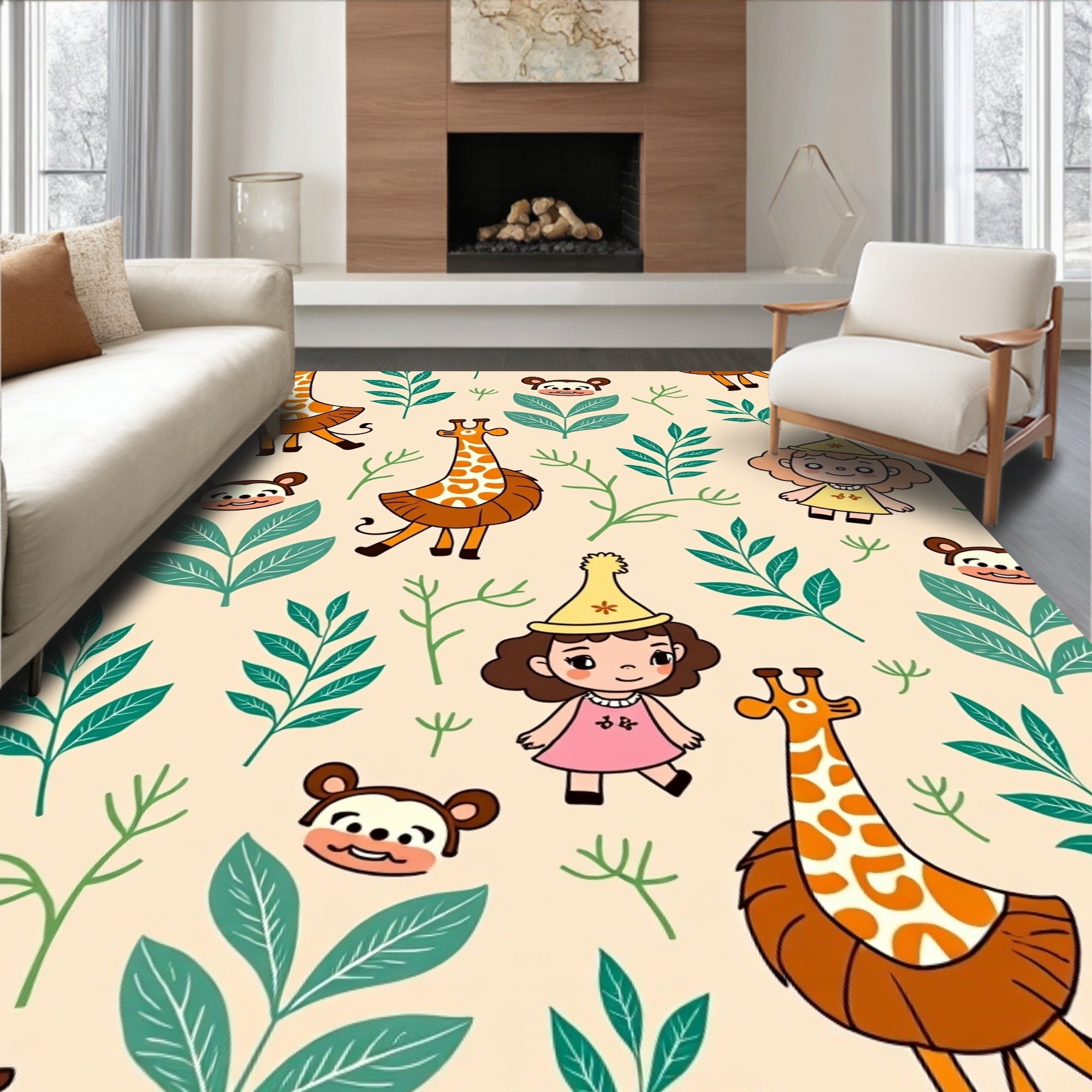 Cartoon Giraffes Monkeys Cute Girls Jungle Foliage Rug