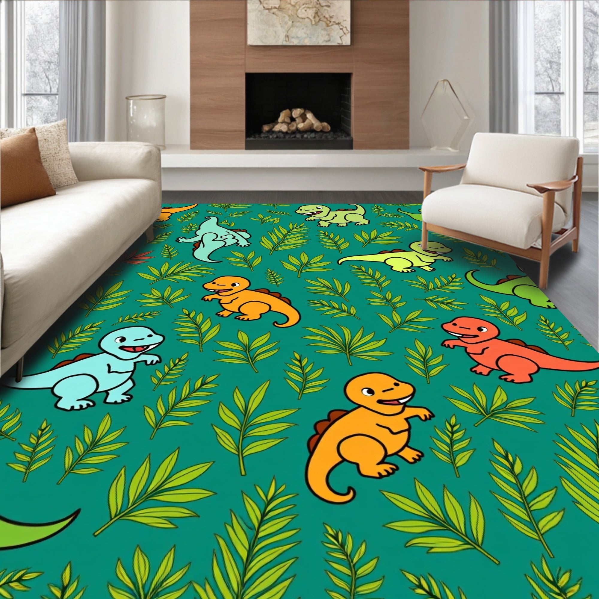 Playful Cartoon Dinosaurs Green Foliage Repeats Rug