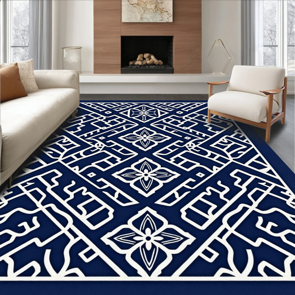Navy White Intricate Geometric Floral Rug