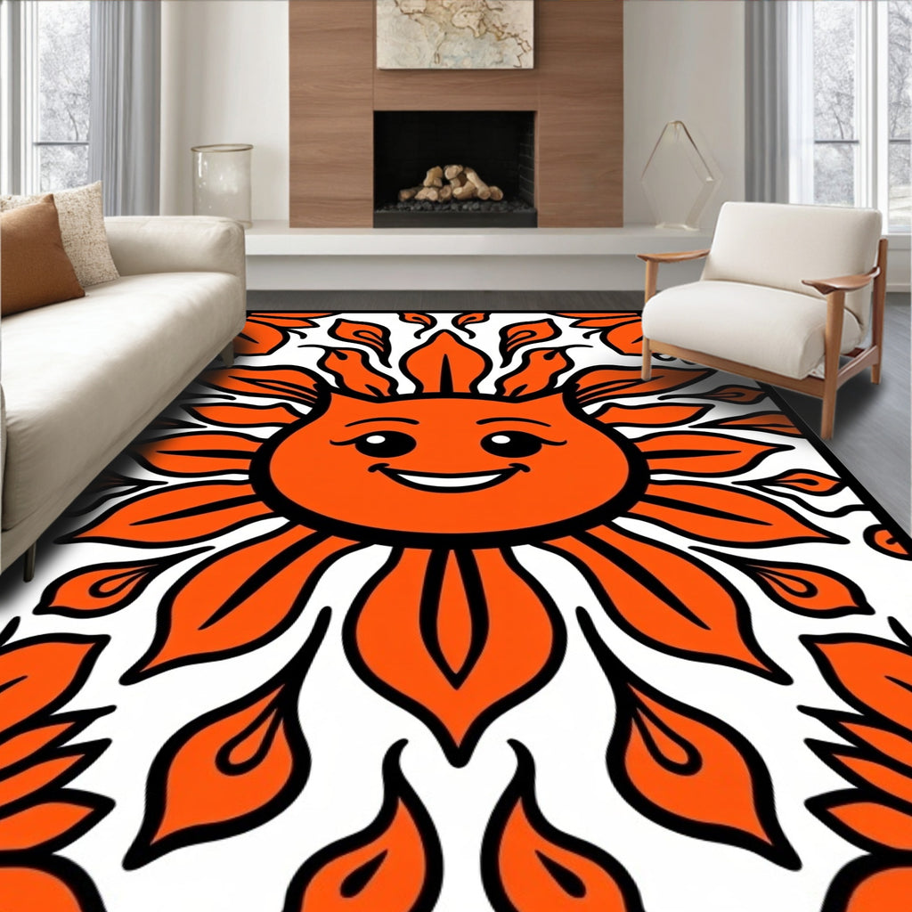 Whimsical Orange Smiling Sun Flower Rug