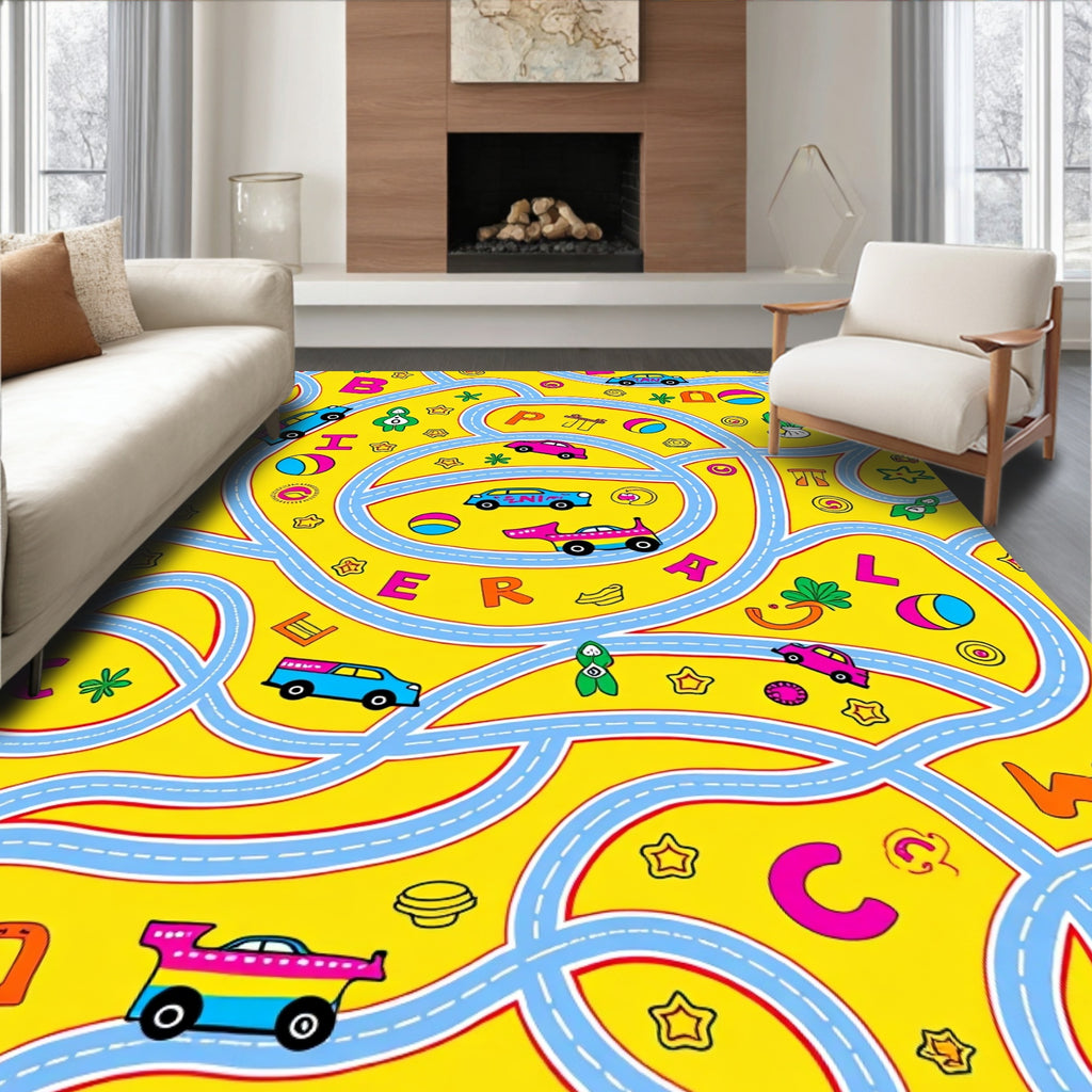 Playful Yellow Car Race Track Rug