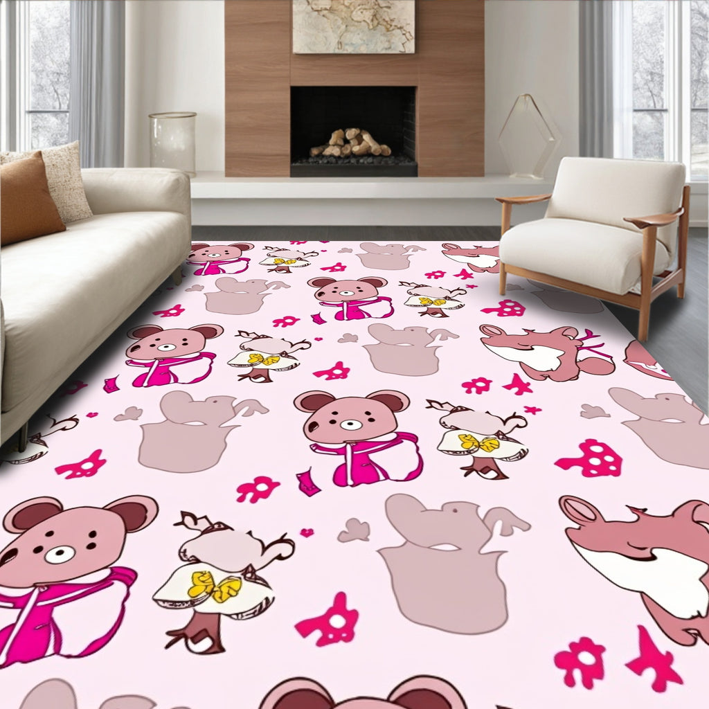 Playful Pink Bear Fox Meadow Scene Rug