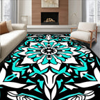 Black Teal White Medallion Floral Graphic Rug