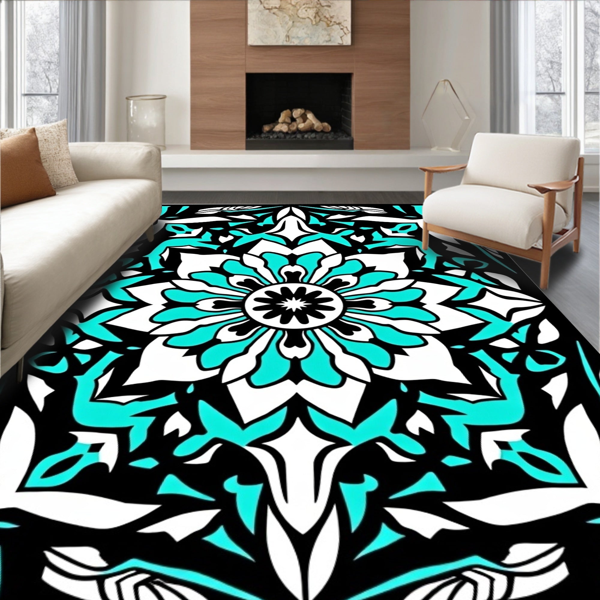 Black Teal White Medallion Floral Graphic Rug