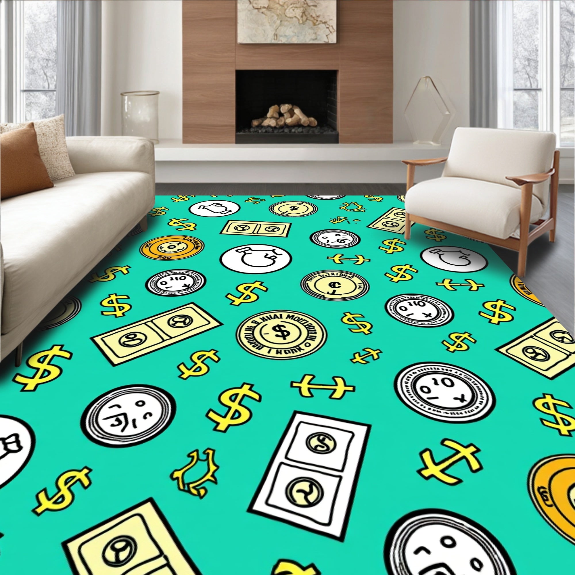 Yellow Dollar Coins and Bills Background Rug