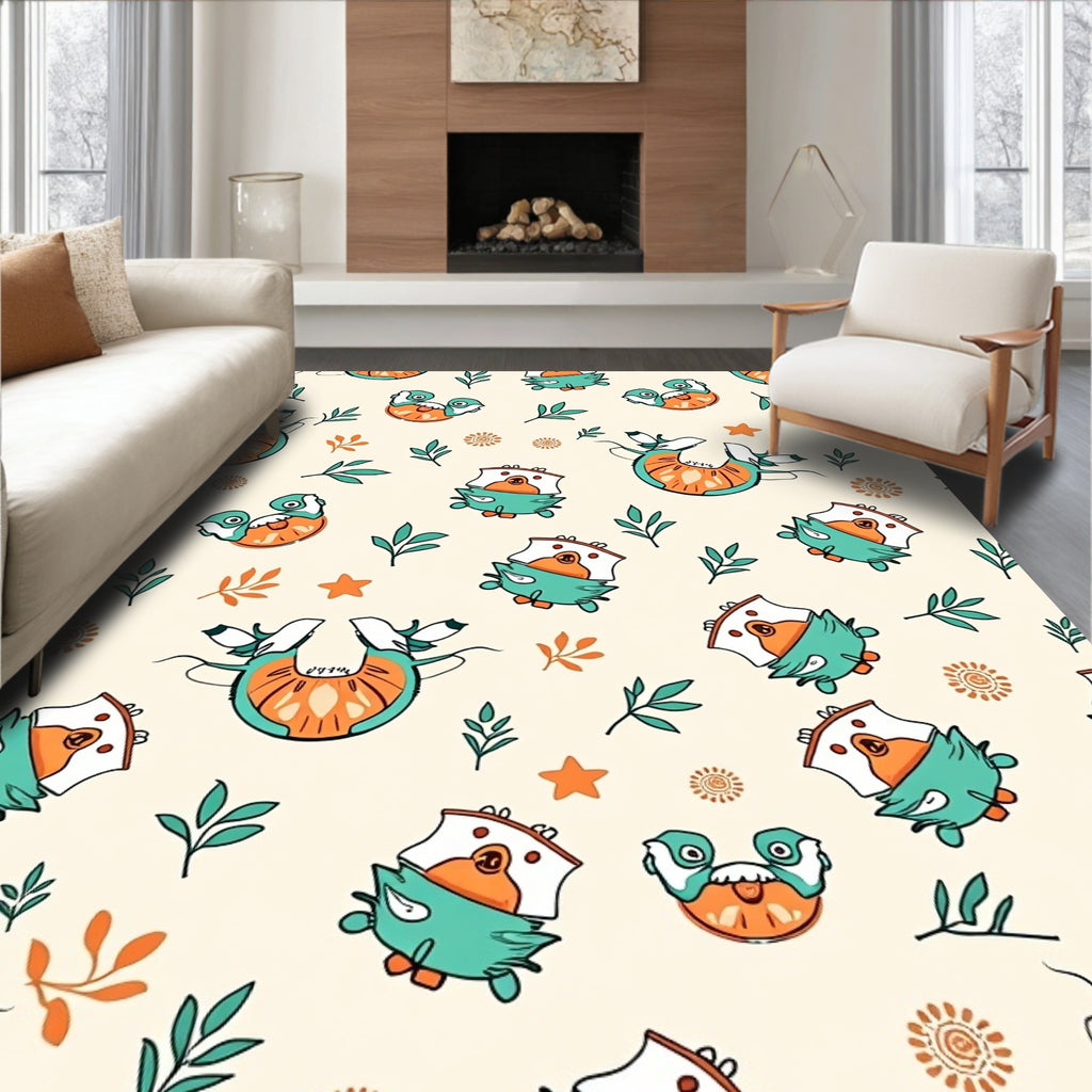 Playful Teal Orange Bird Floral Rug