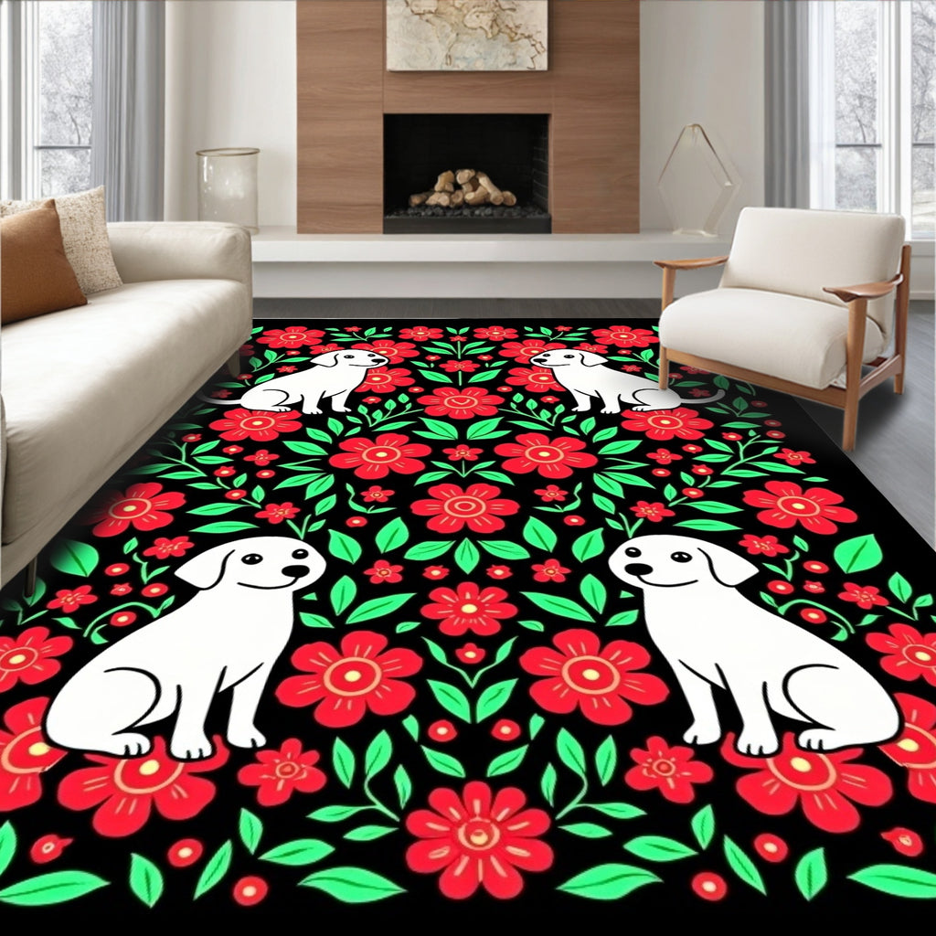 Black Red Floral White Dog Arrangement Rug