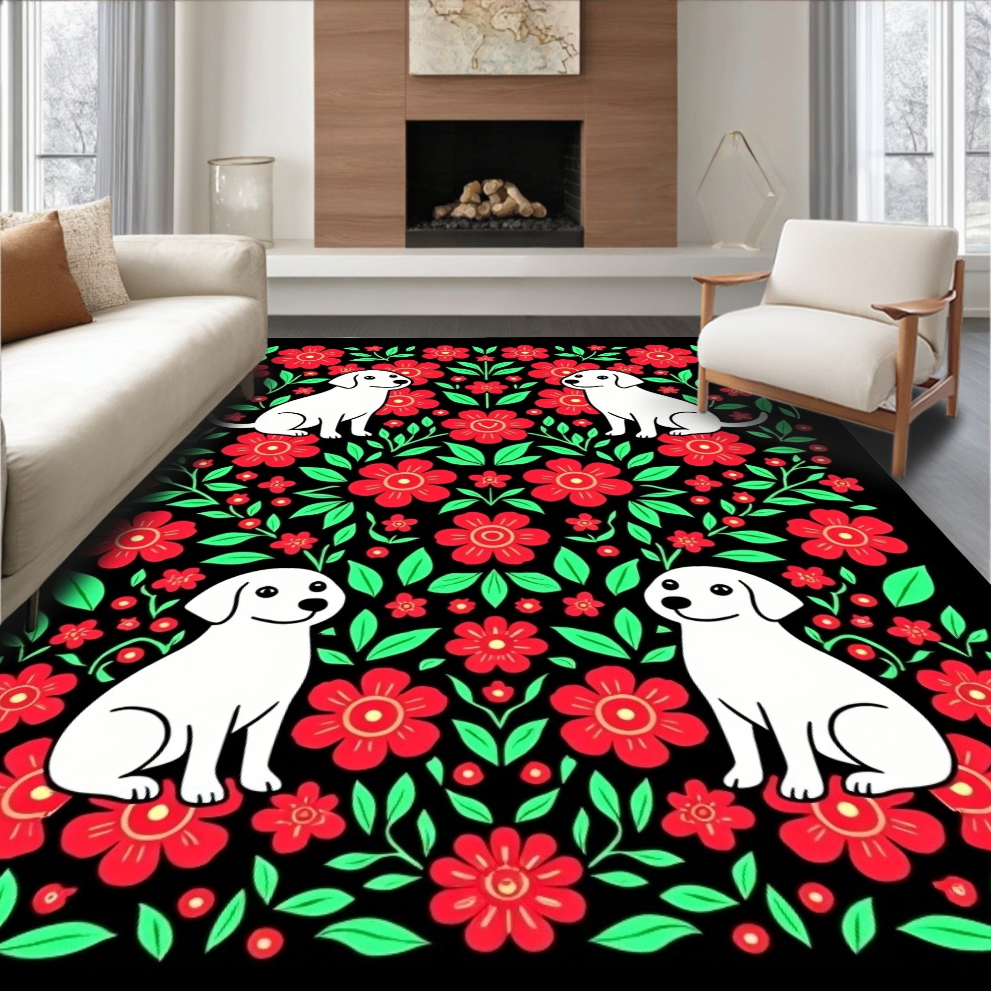 Black Red Floral White Dog Arrangement Rug