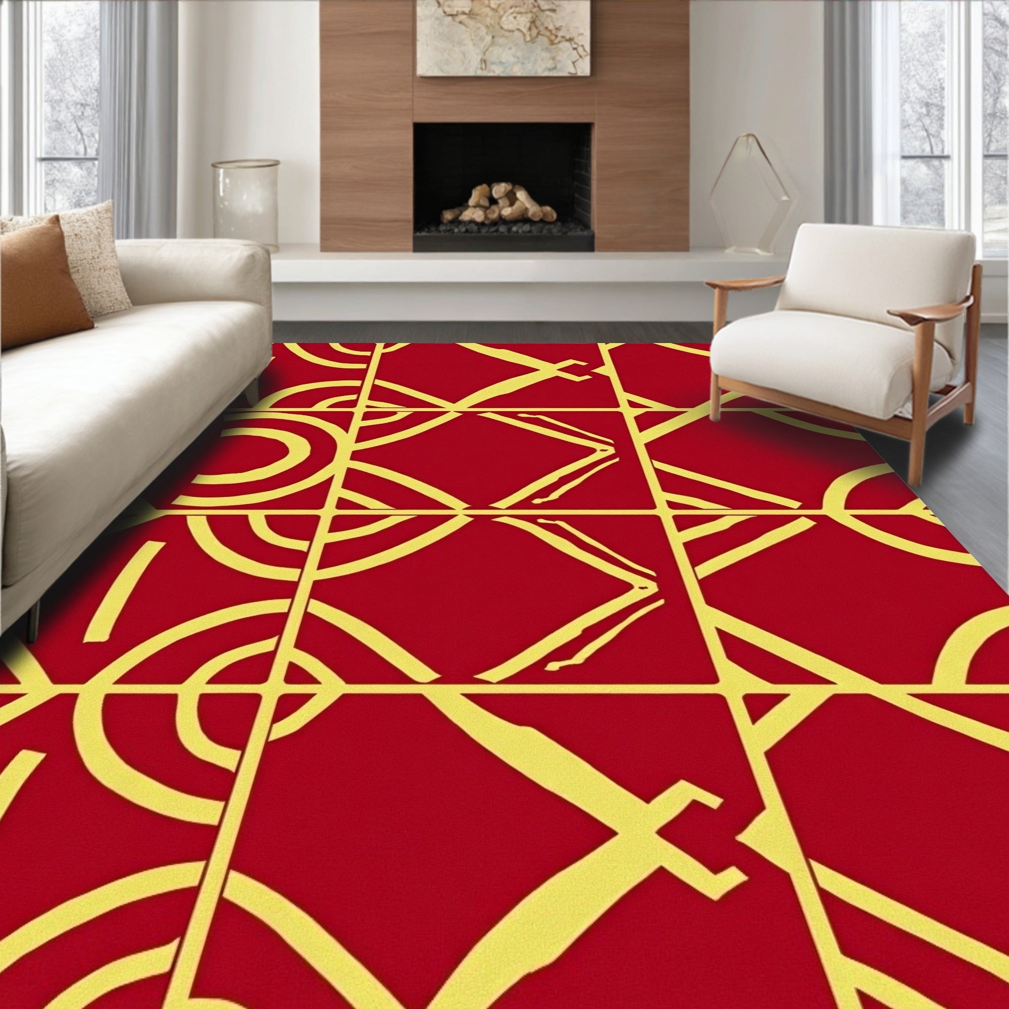 Bold Crimson Yellow Geometric Quads Rug