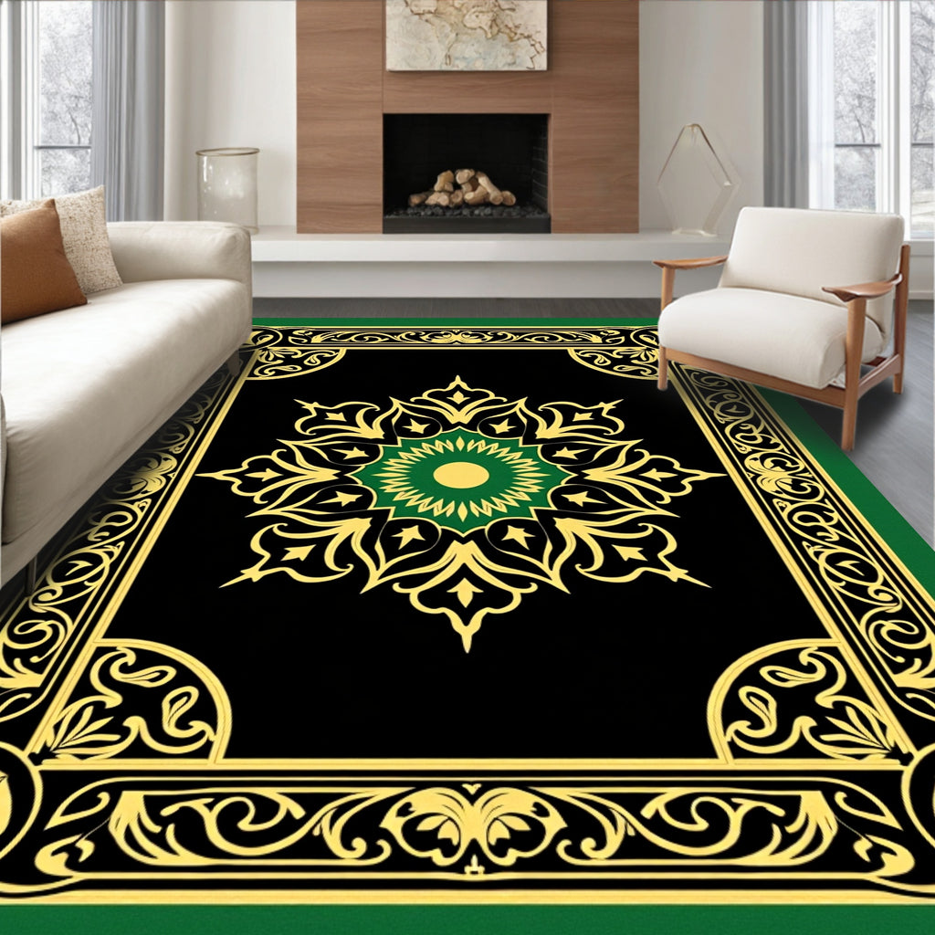 Green Gold Black Ornate Mandala Rug