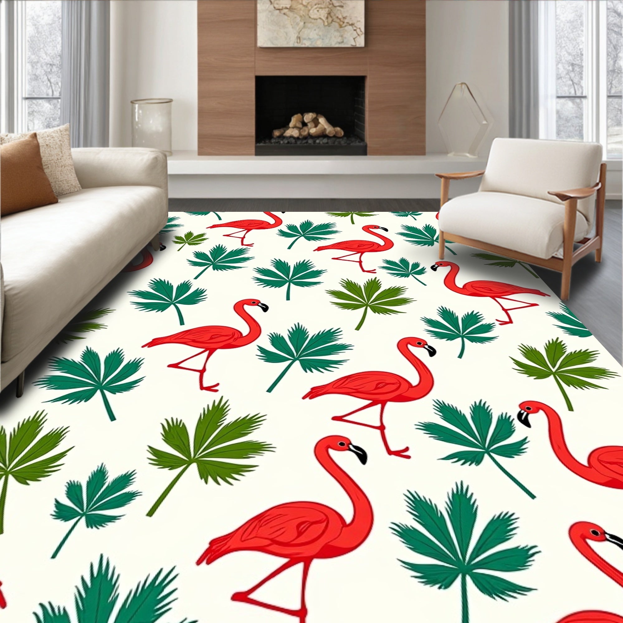 Vivid Red Flamingos With Green Leaves Rug