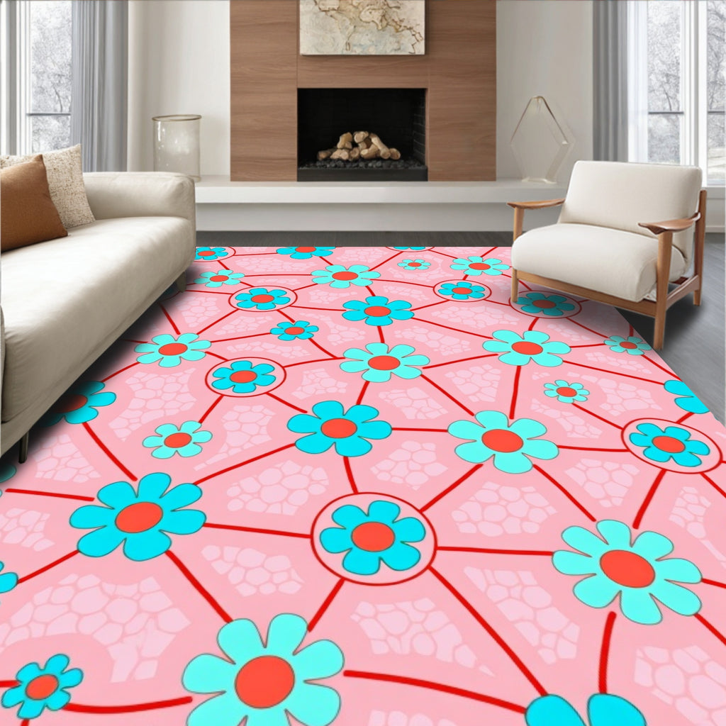 Retro Pink Teal Floral Network Rug