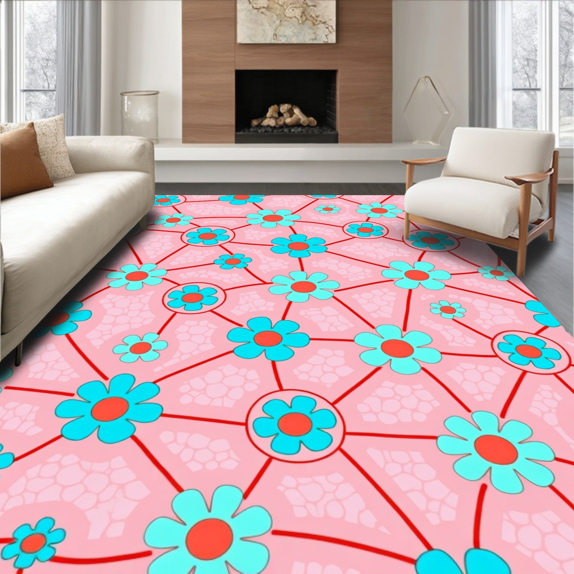 Retro Pink Teal Floral Network Rug