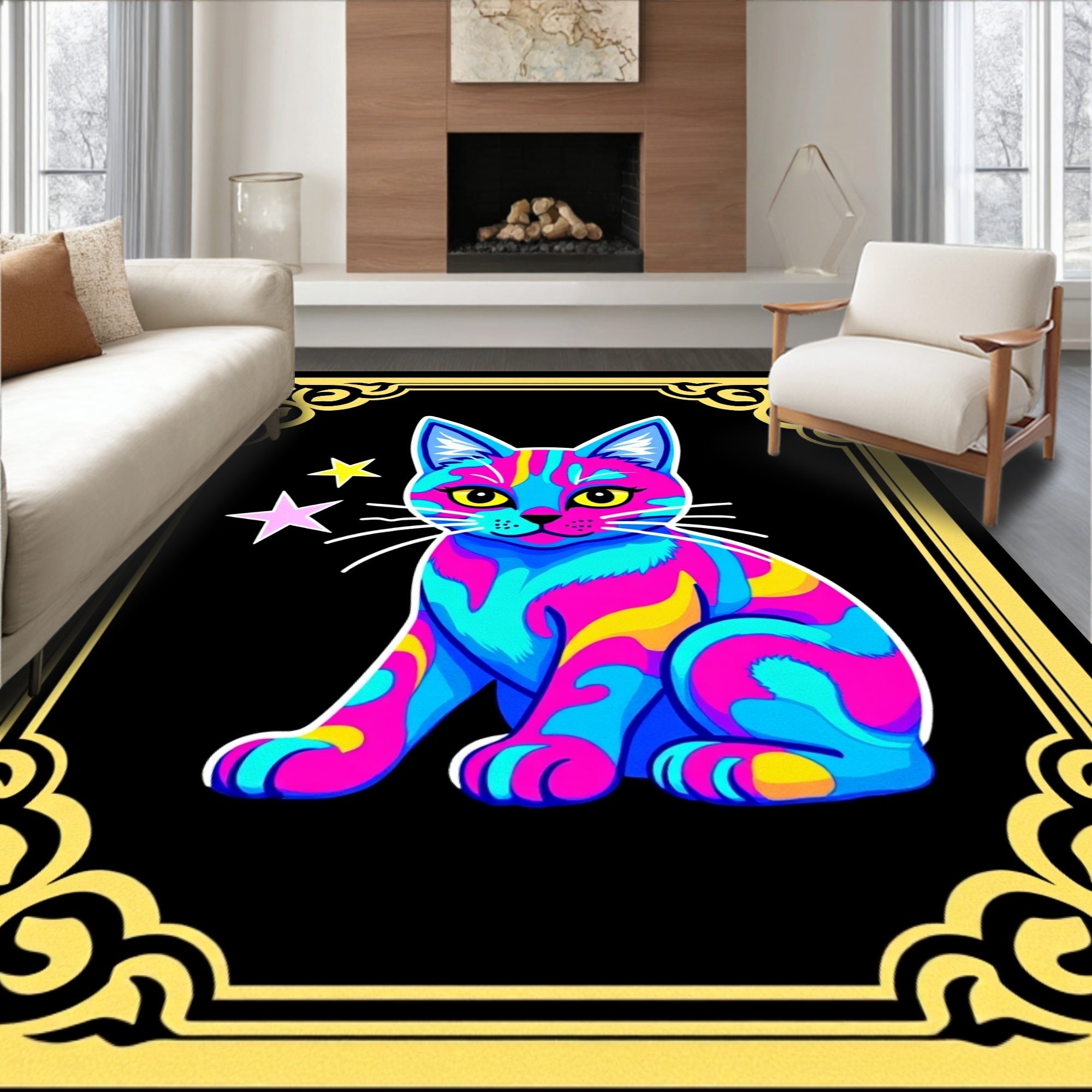 Vibrant Neon Swirl Cat Stars Rug