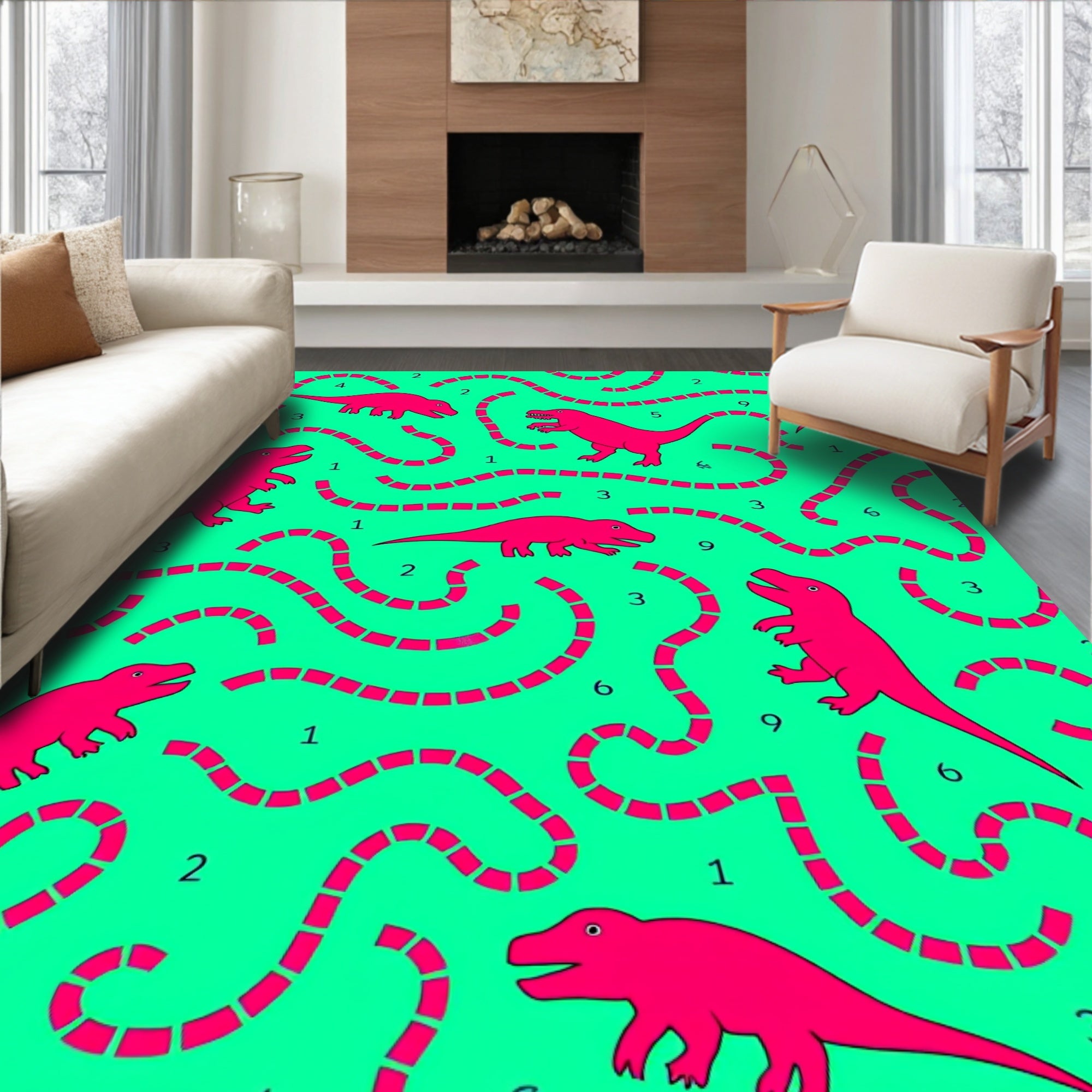 Fuchsia Dinosaur Maze Teal Rug