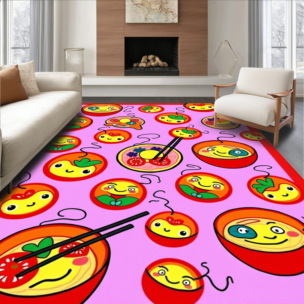 Kawaii Food Bowl Characters Pink Background Rug