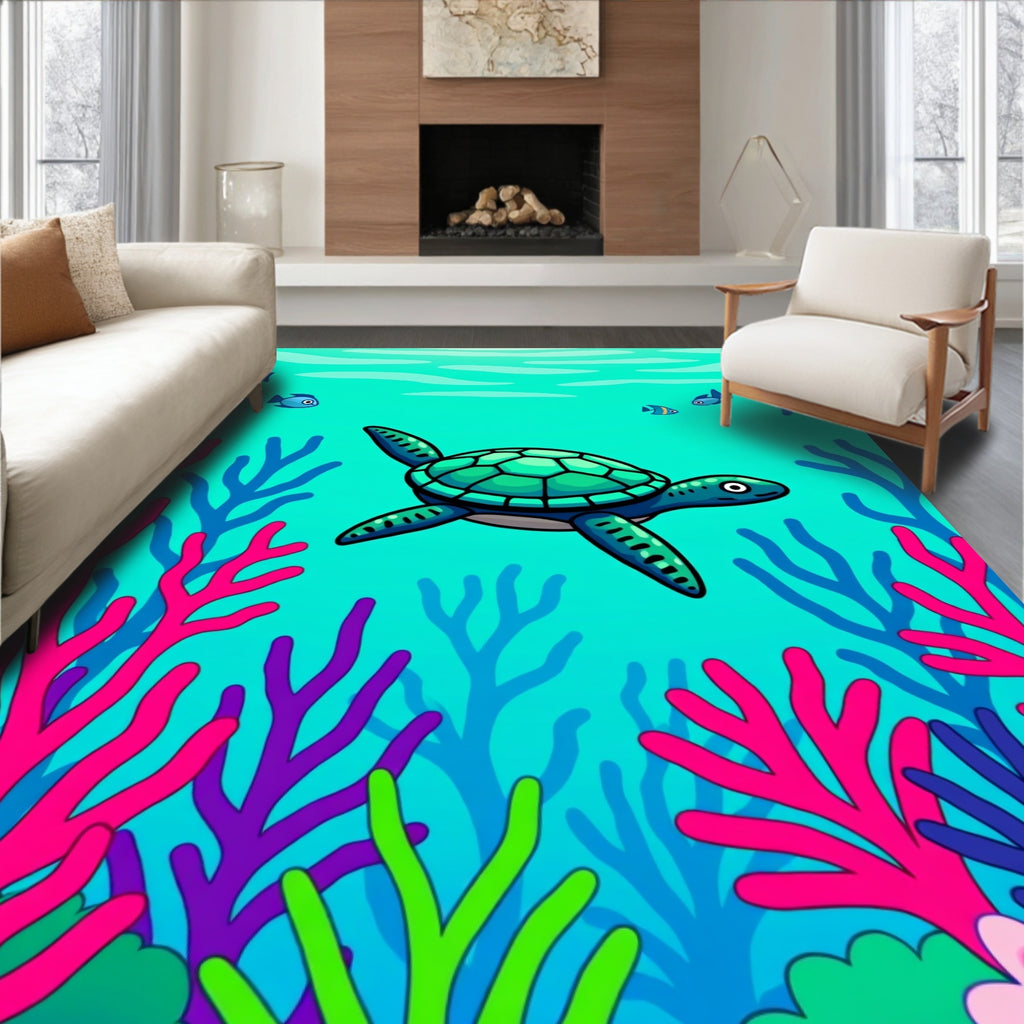 Vibrant Ocean Turtle Coral Scene Rug