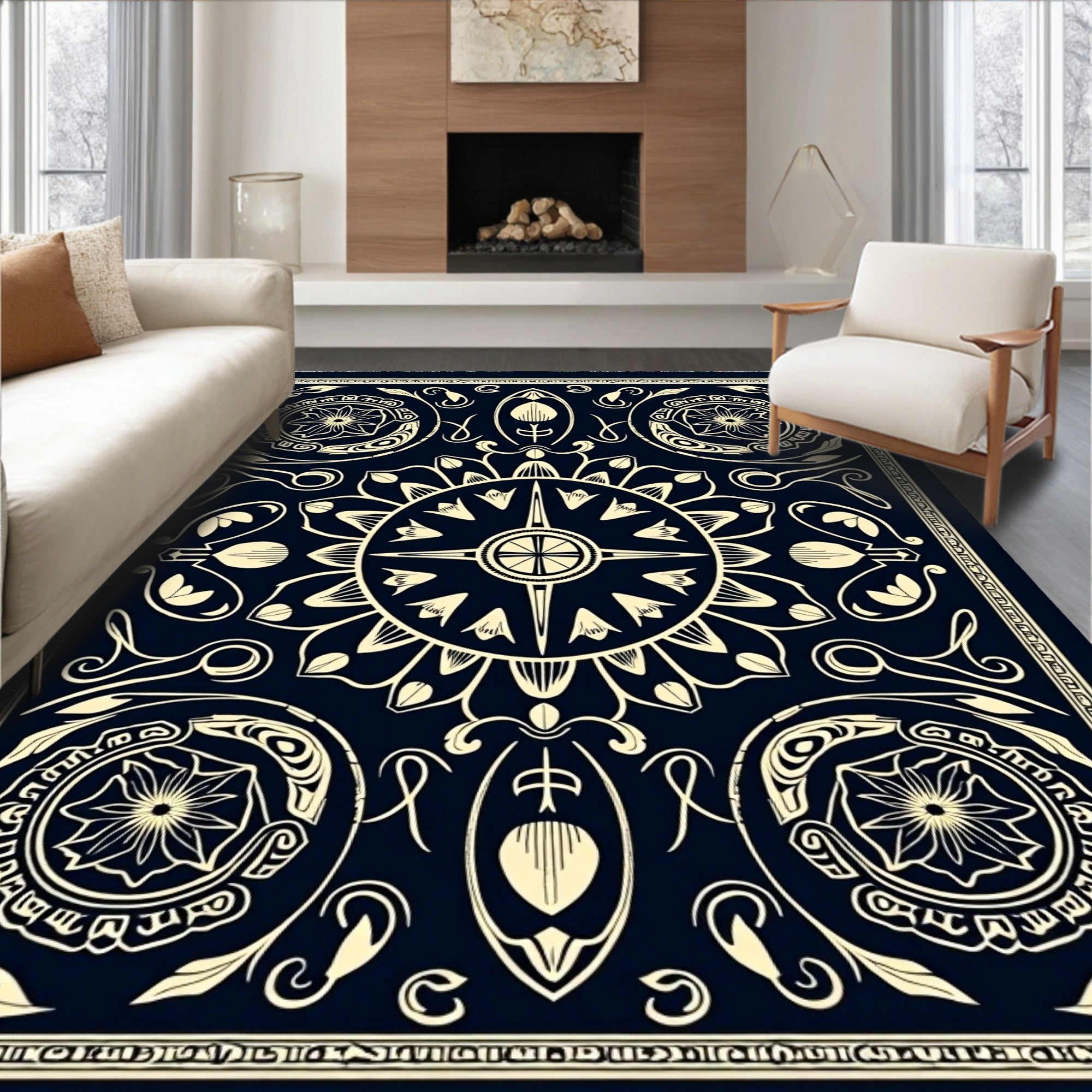 Navy Cream Floral Sunburst Medallion Rug