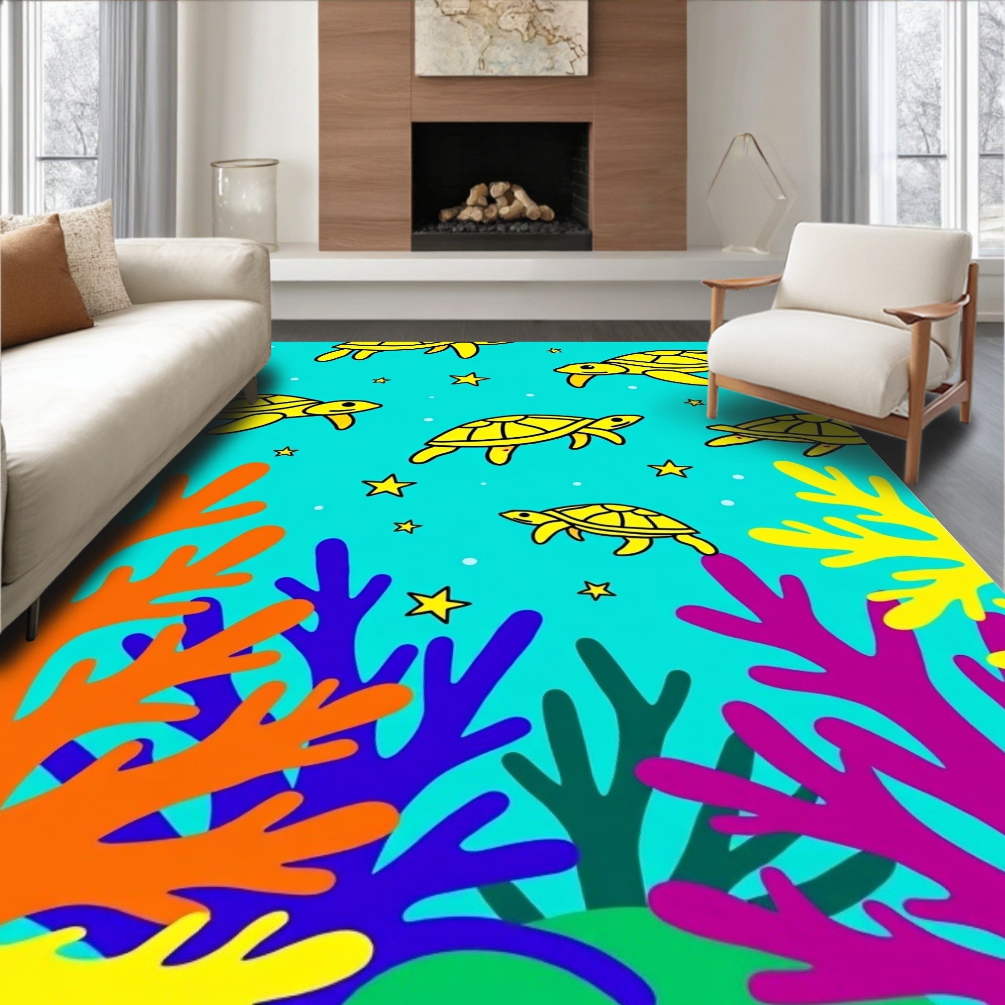 Colorful Ocean Turtle Coral Scene Rug