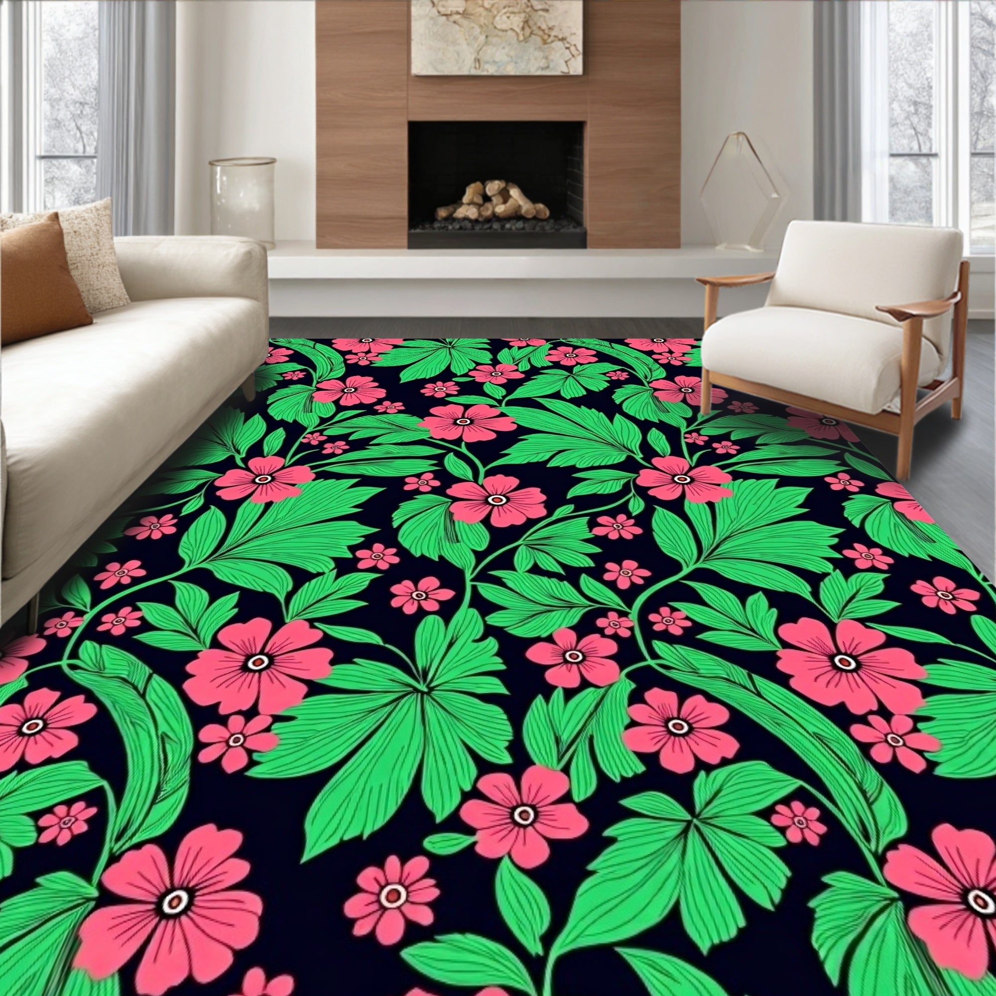 Crimson Floral Green Leaf Outline Rug