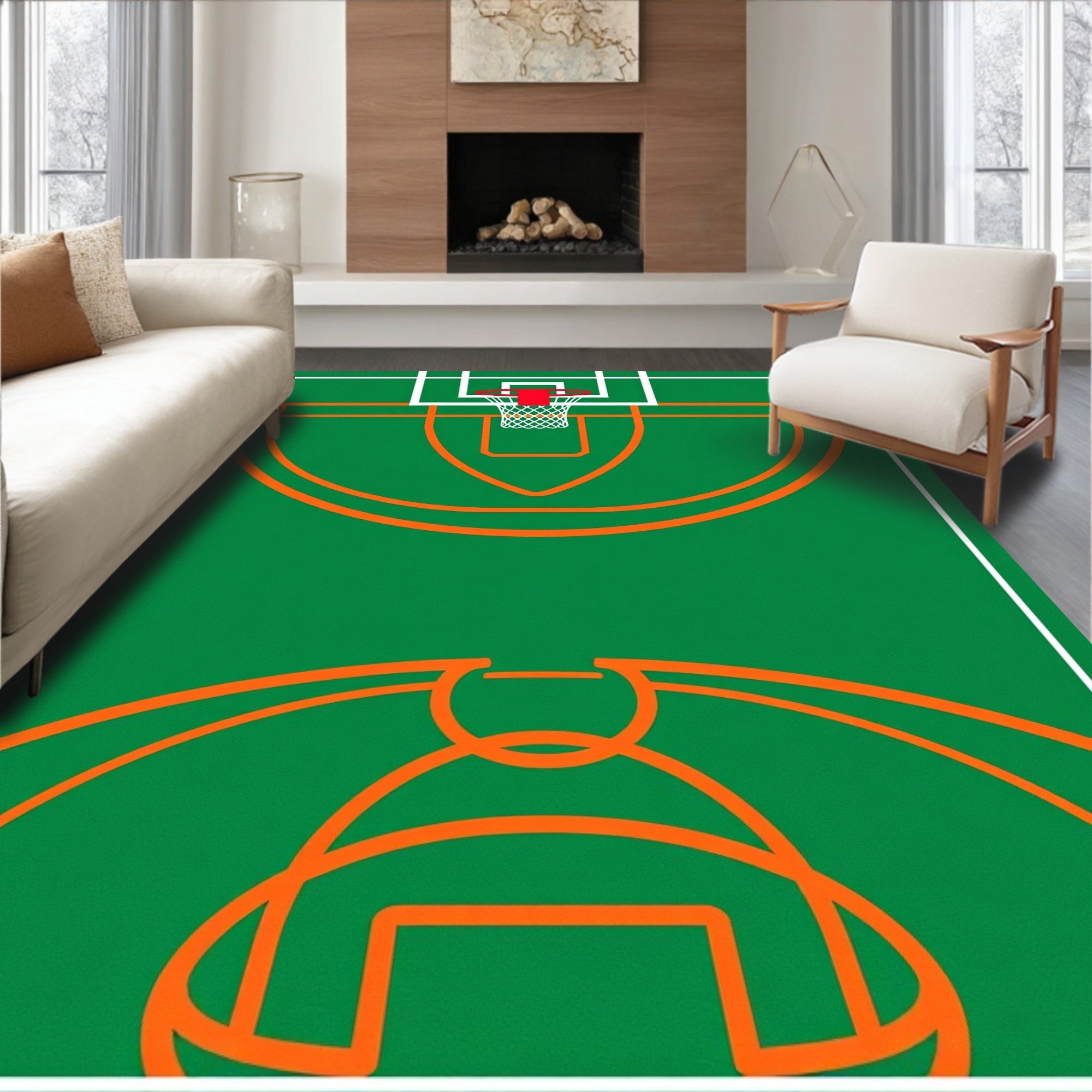 Green Orange Basketball Court Graphic Rug