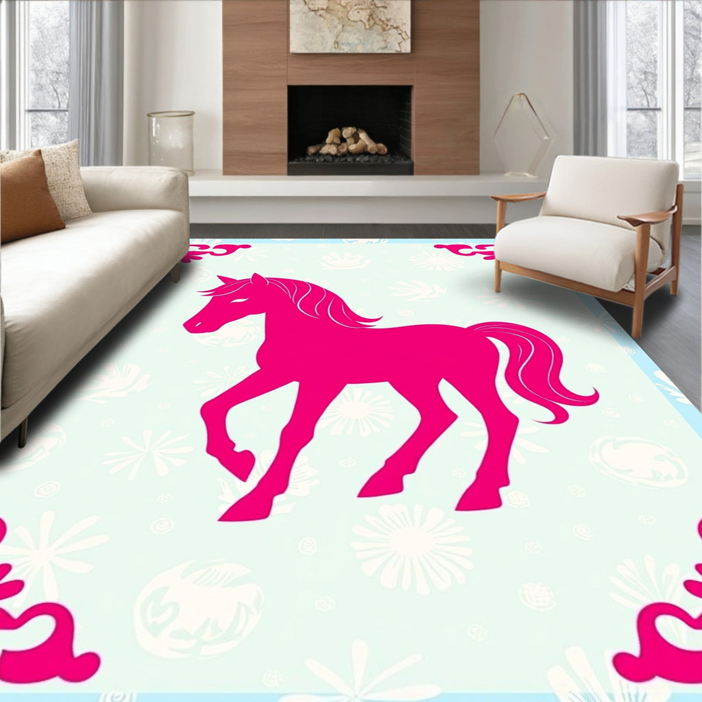 Vibrant Pink Horse Floral Corner Accent Rug