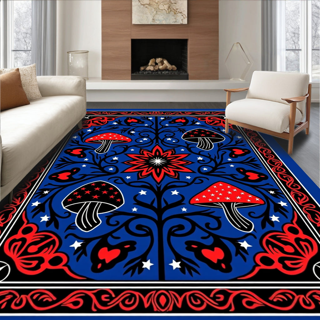 Red Starred Mushroom Forest Border Rug