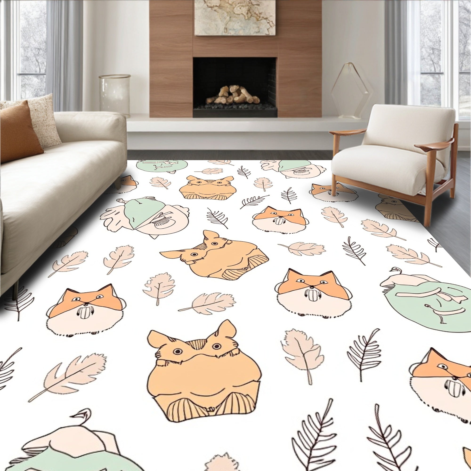 Cute Fox and Owl Autumn Leaves Rug