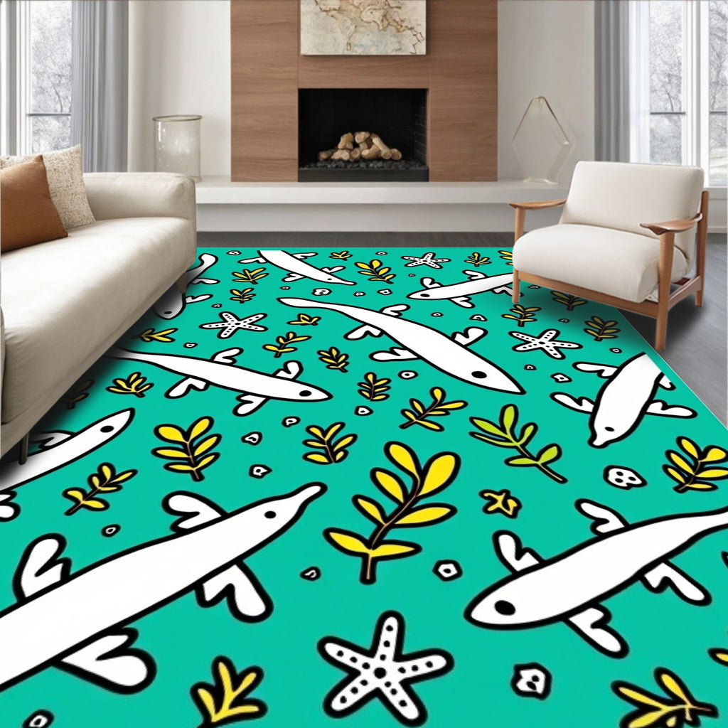 Whimsical White Fish Teal Coral Rug