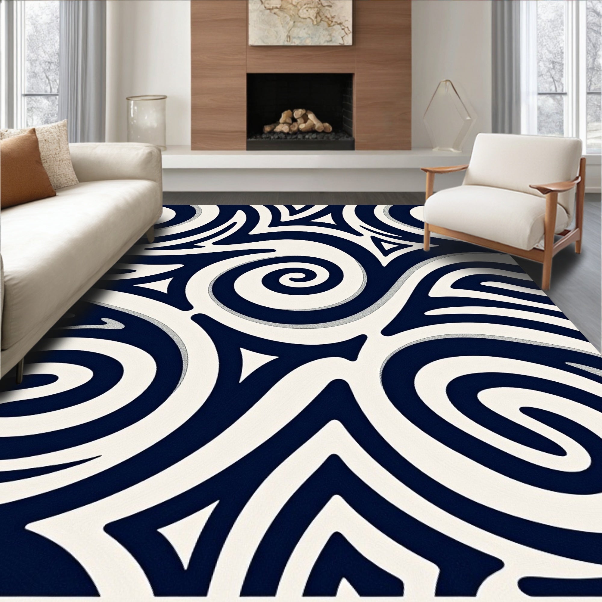 Navy Cream Swirling Organic Swirl Rug