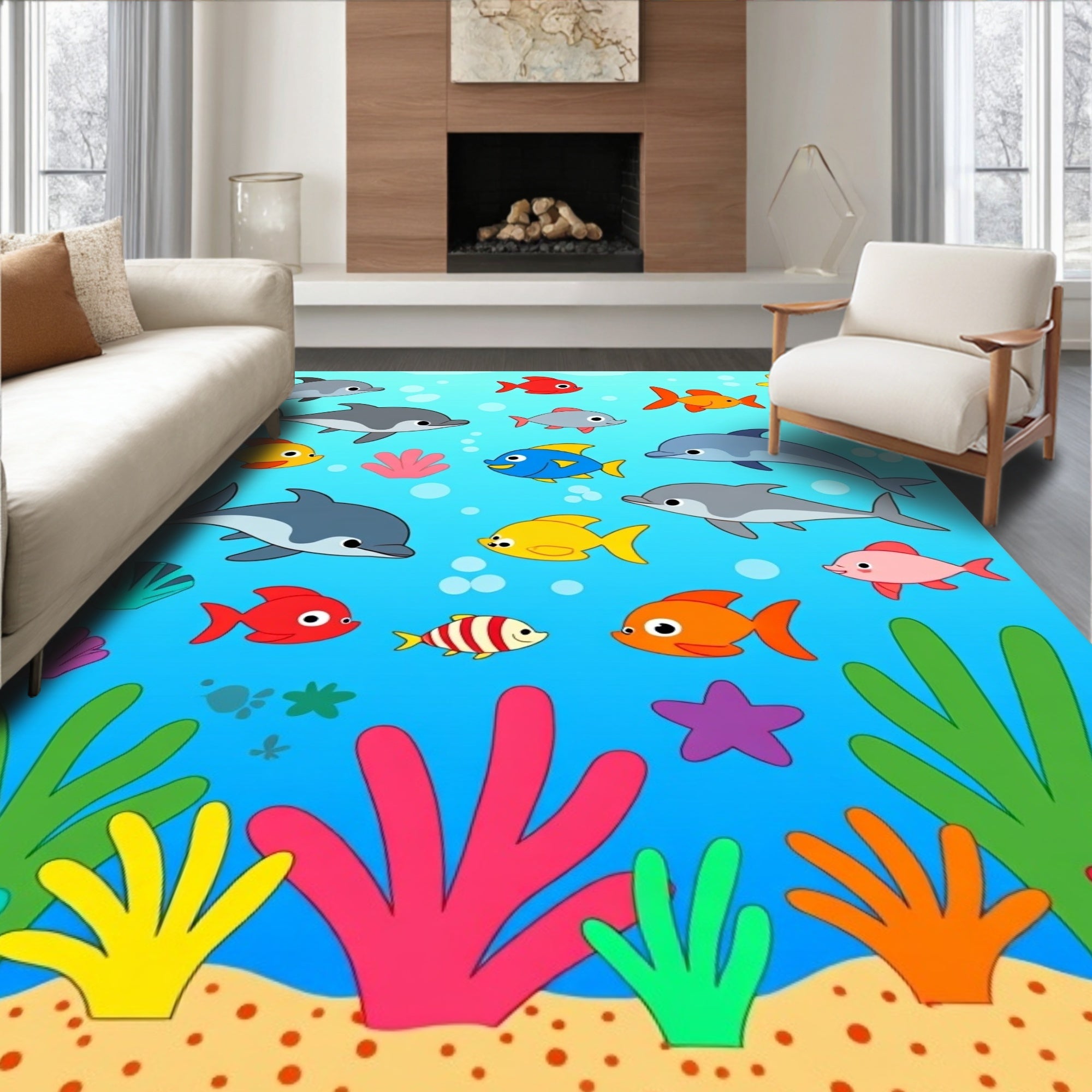 Ocean Dolphins Fish Coral Stars Rug