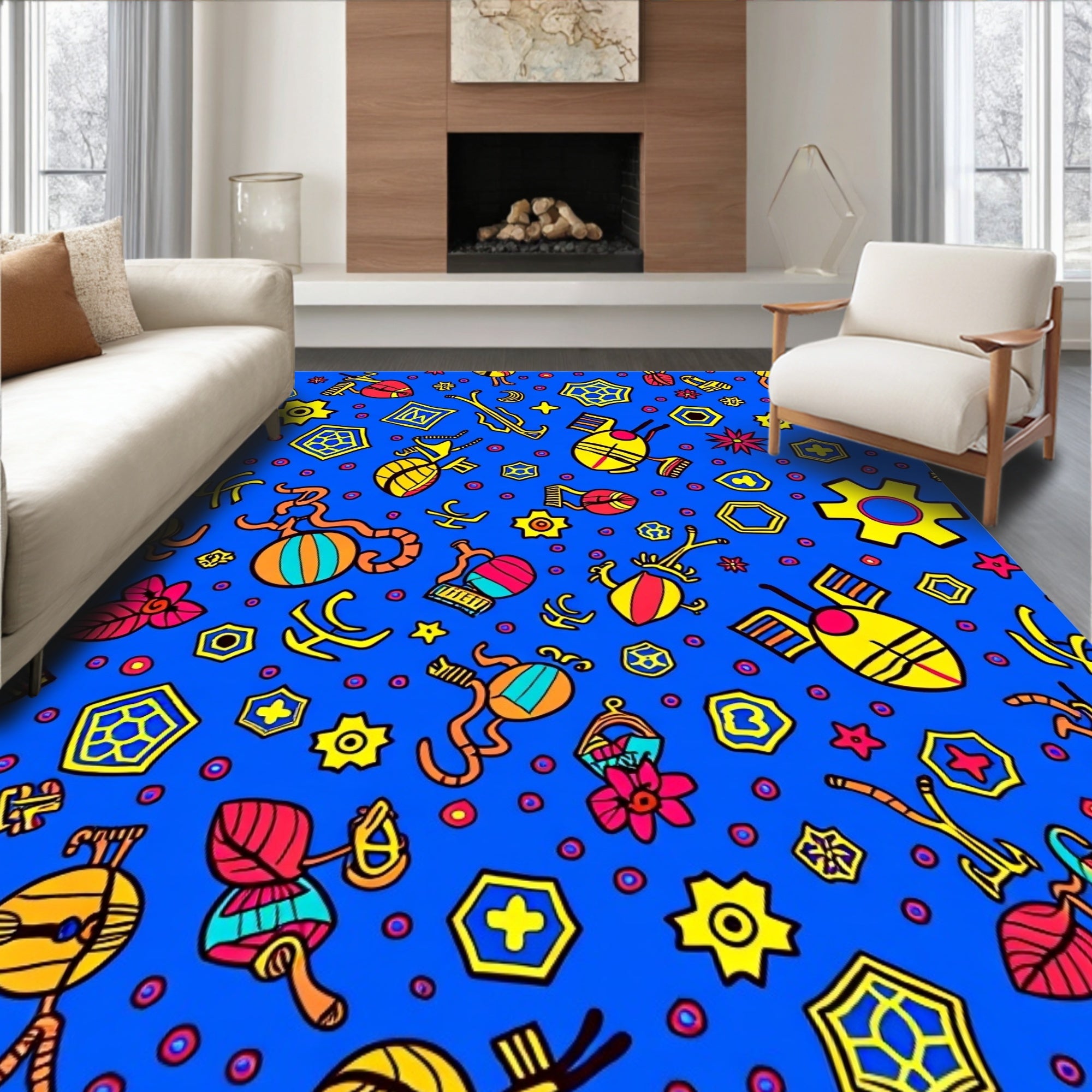 Whimsical Blue Yellow Red Creature Garden Rug