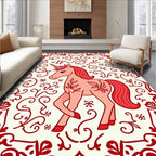 Whimsical Red Floral Unicorn Tapestry Rug