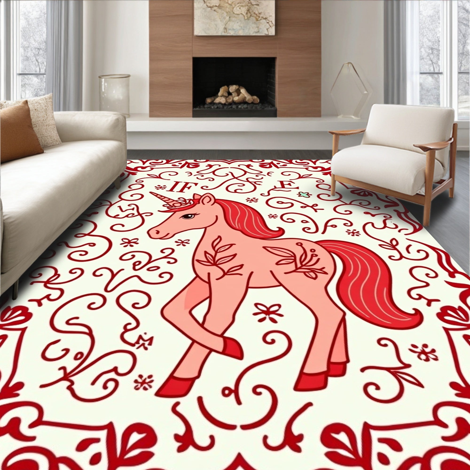 Whimsical Red Floral Unicorn Tapestry Rug
