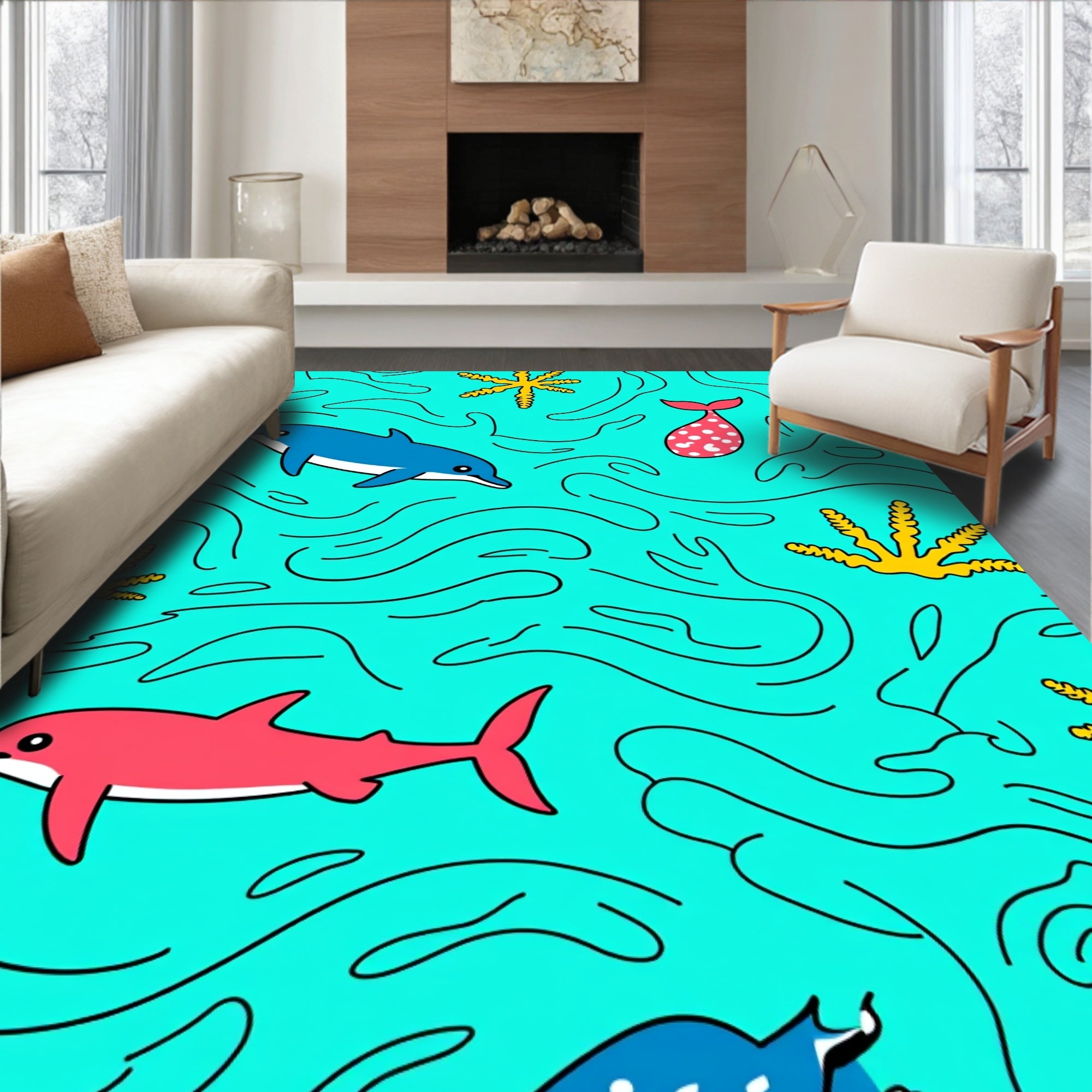 Playful Sea Life Dolphin Wave Rug
