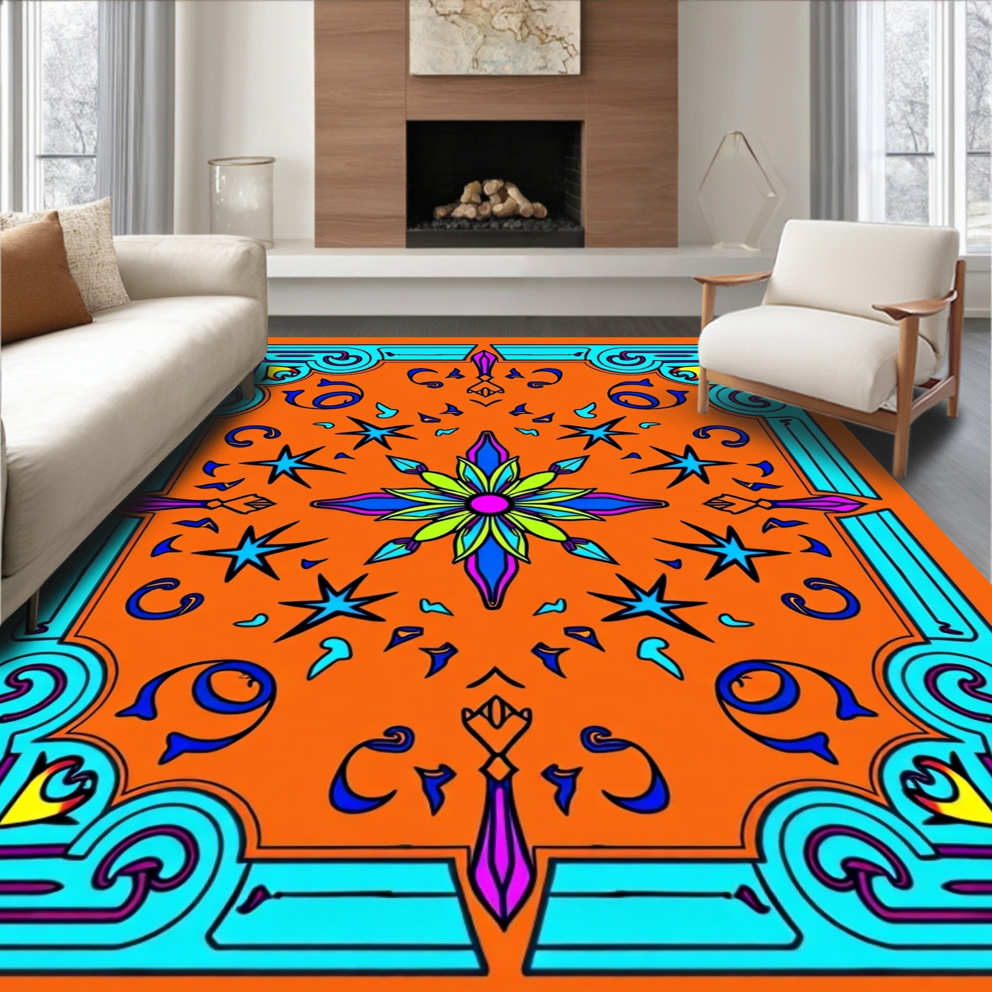 Vibrant Orange Starburst Medallion Rug