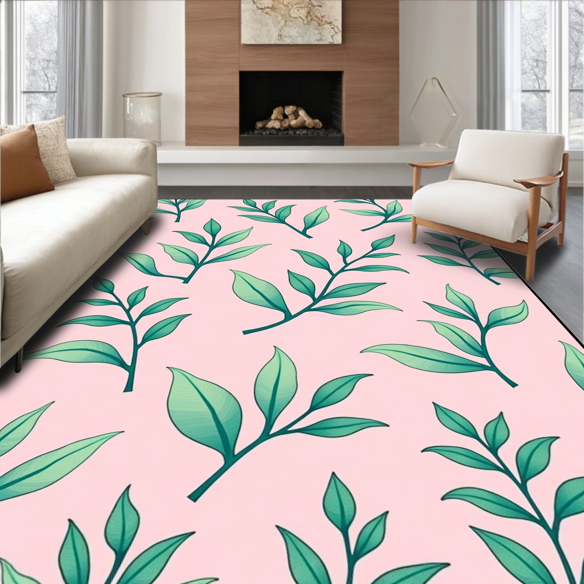 Pink and Green Botanical Leaf Arrangement Rug