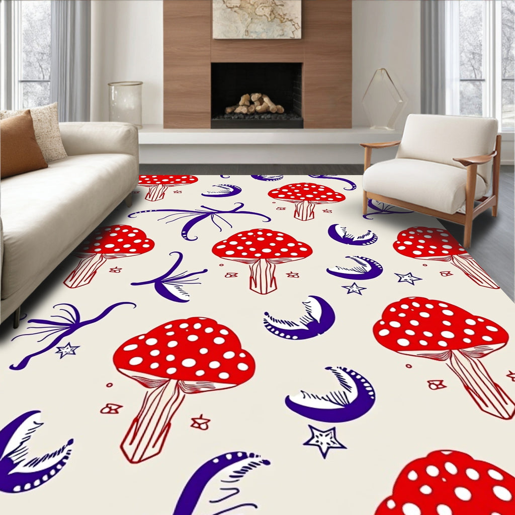Red Mushroom Moon Stars Whimsical Rug