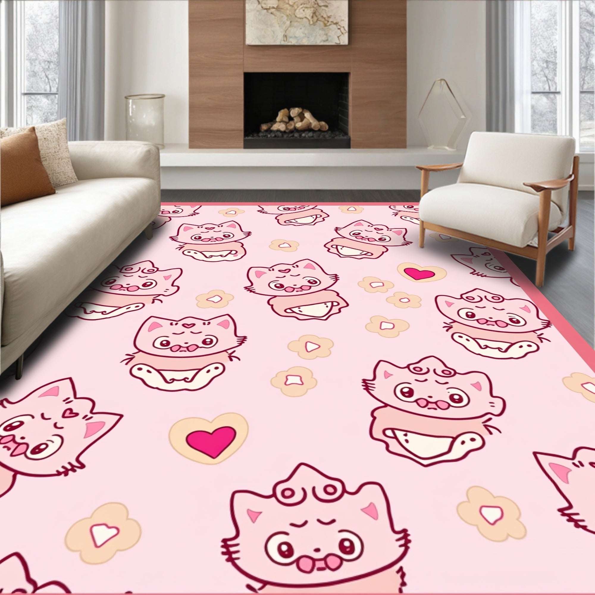 Pink Kawaii Kitty Sweetheart Scatter Rug