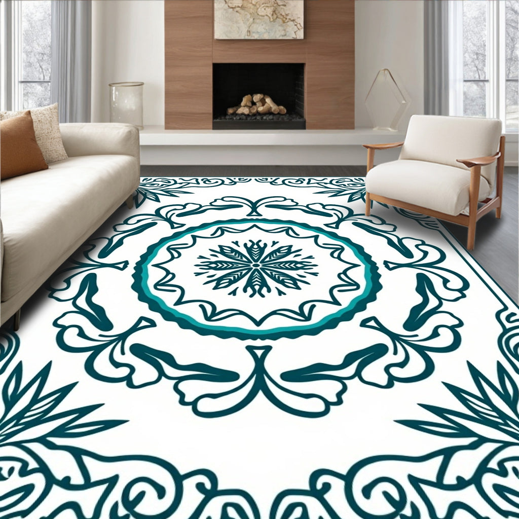 Teal Floral Medallion Bordered Rug