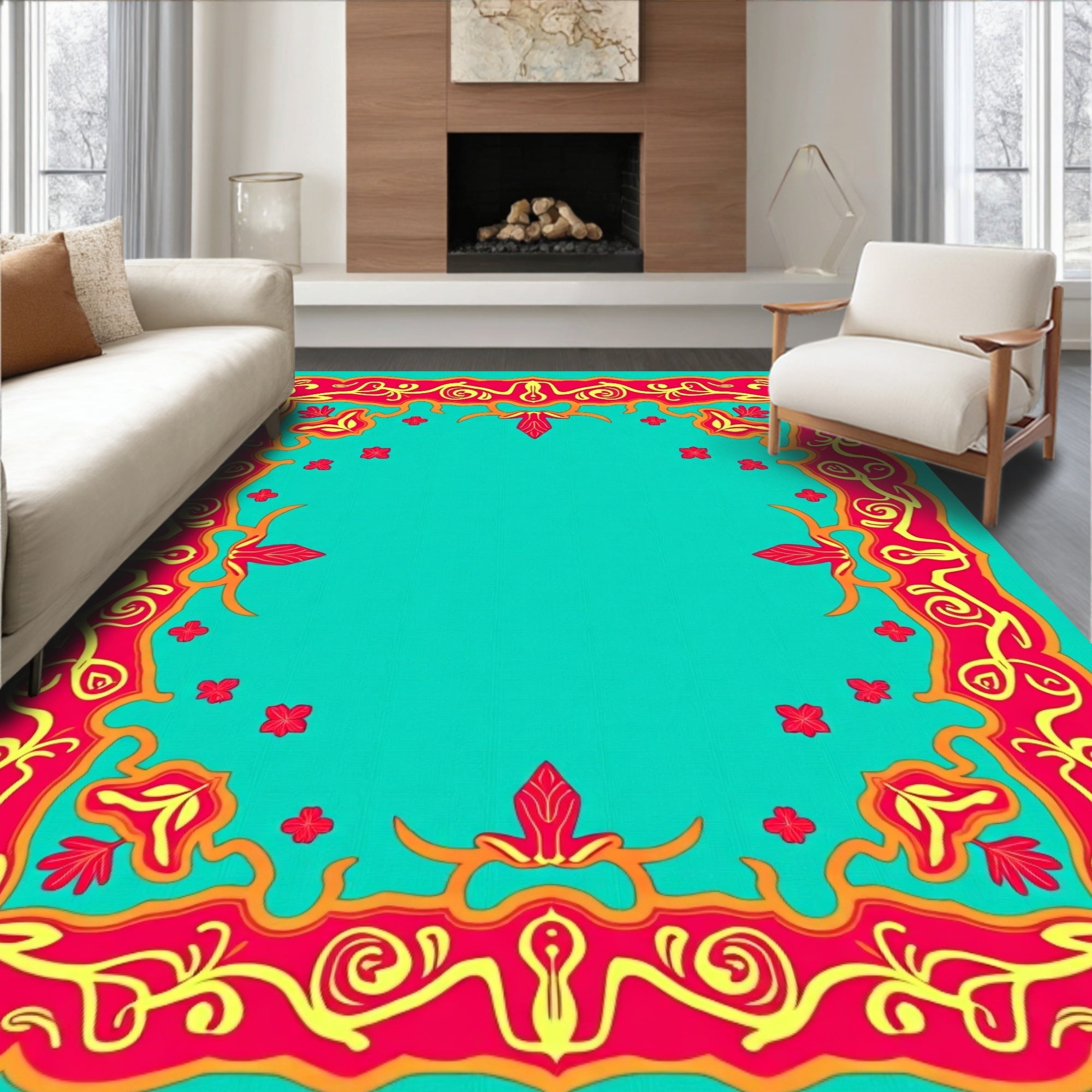 Ornate Crimson Yellow Floral Border Rug