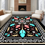 Coral Teal Floral Geometric Border Rug