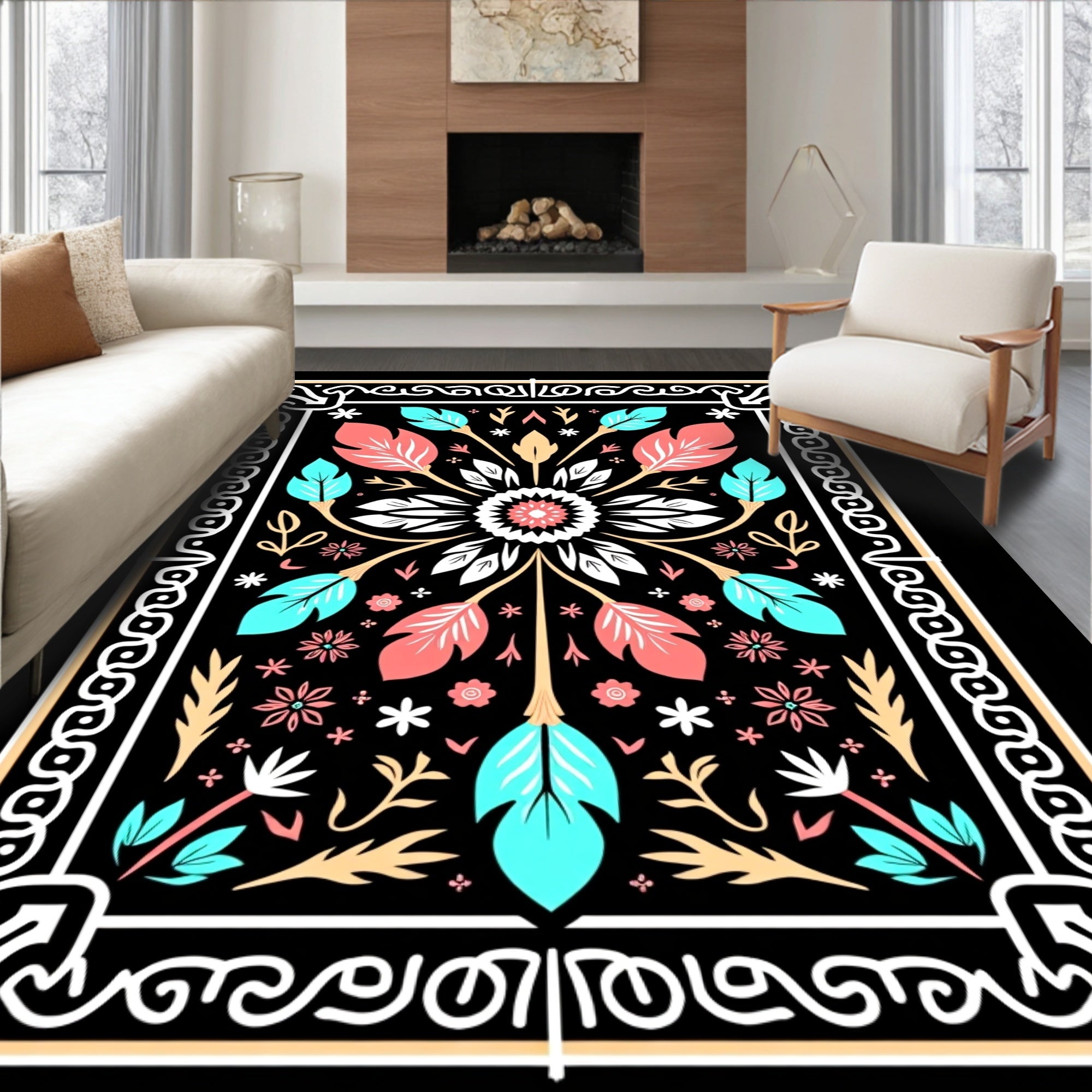 Coral Teal Floral Geometric Border Rug