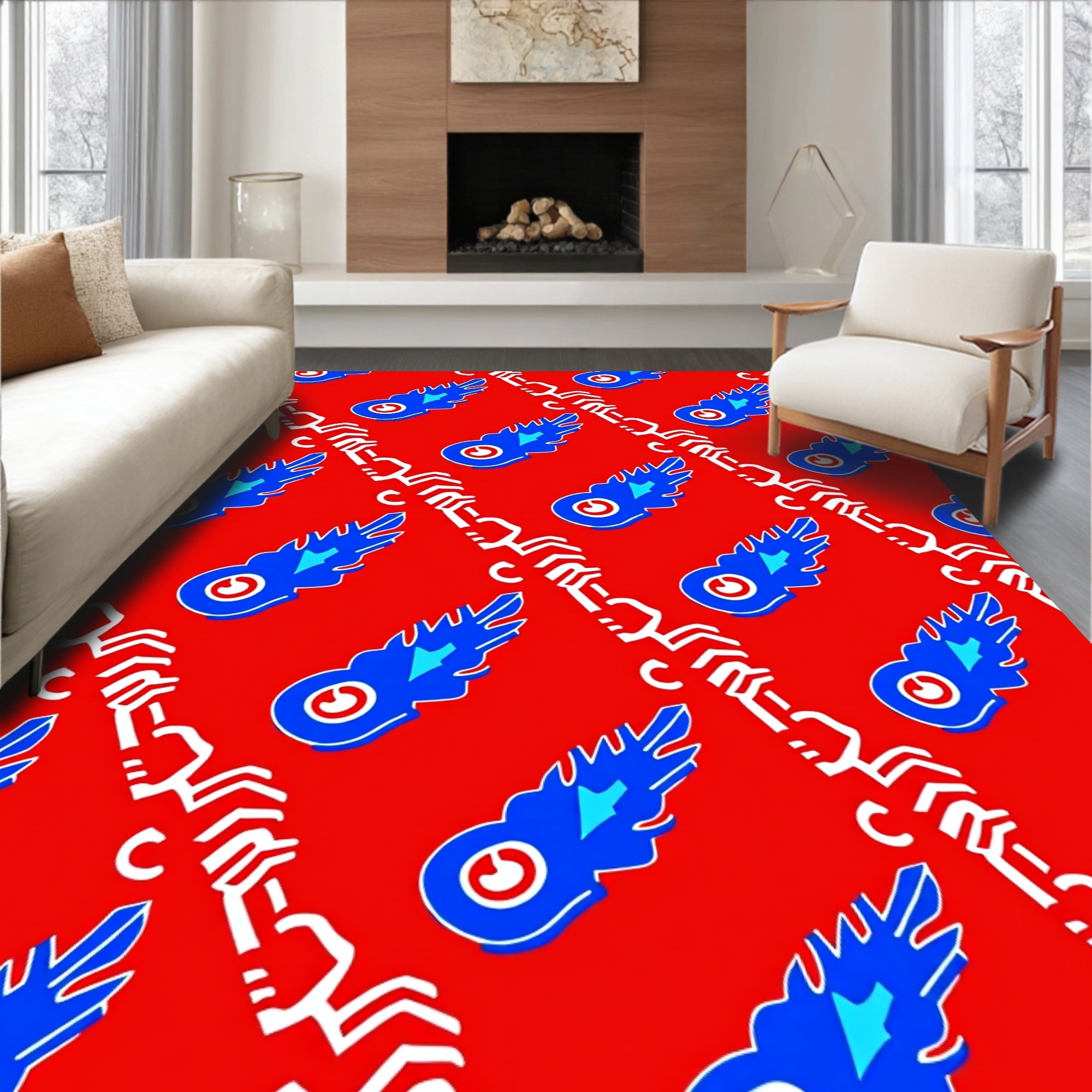 Crimson Blue Abstract Chain Rug