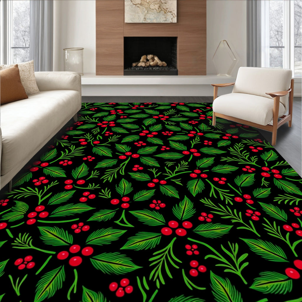 Festive Red Berry Holly Branch Rug