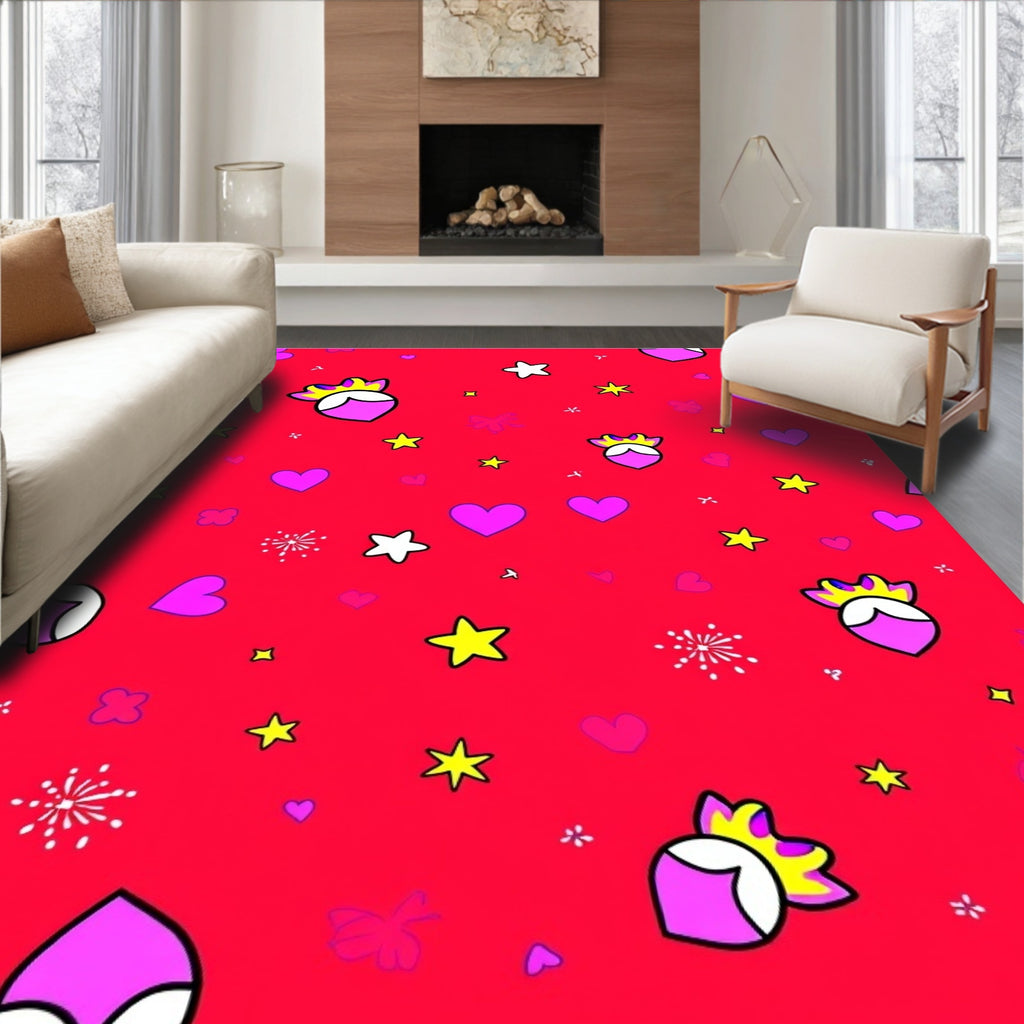 Red Playful Hearts Stars Crown Figures Rug